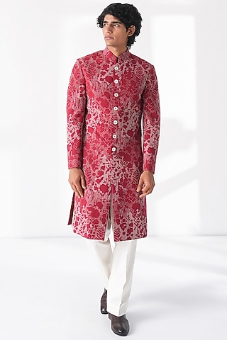Earthy Red Silk Hand Embroidered Sherwani Set by Dhruv Vaish