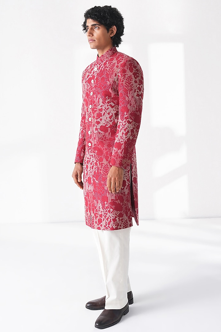 Earthy Red Silk Hand Embroidered Groom Sherwani Set by Dhruv Vaish at Pernia's Pop Up Shop
