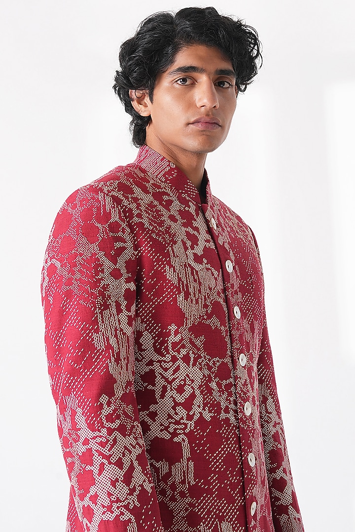 Earthy Red Silk Hand Embroidered Groom Sherwani Set by Dhruv Vaish at Pernia's Pop Up Shop