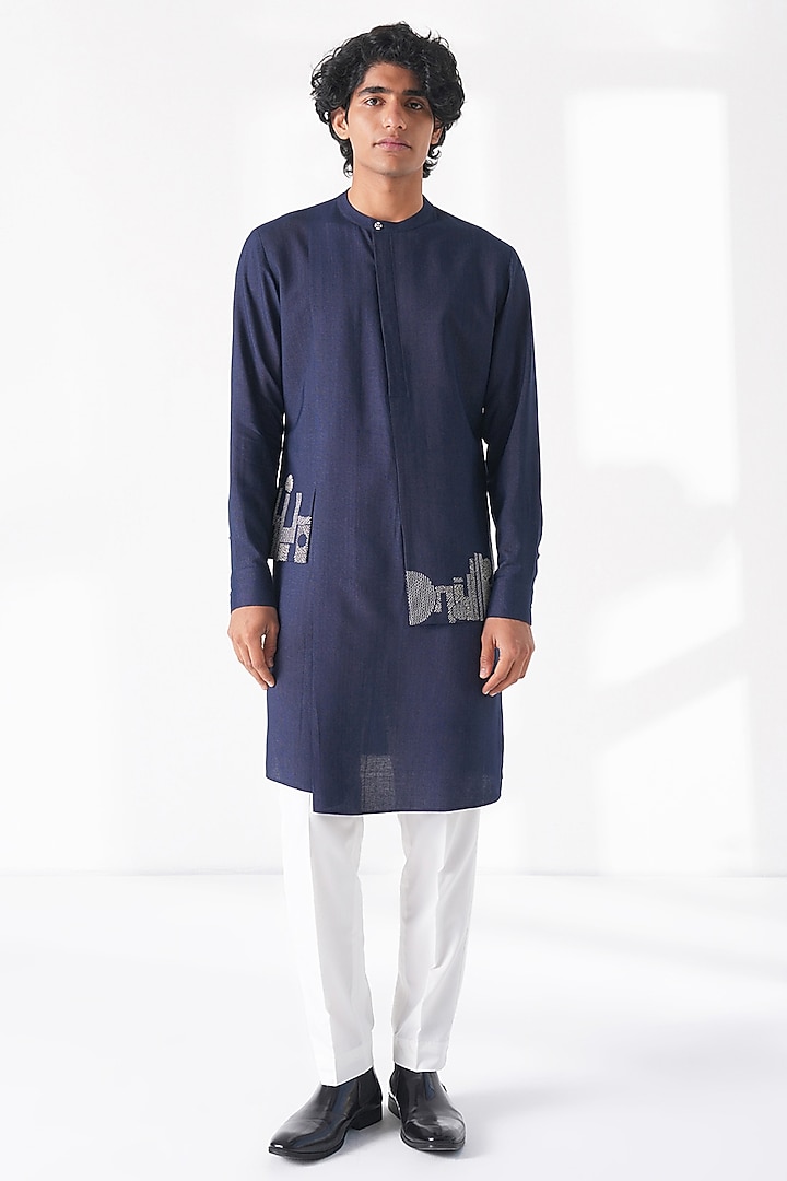 Navy Blue Motif Thread Embroidered Cotton Silk Kurta Set by Dhruv Vaish at Pernia's Pop Up Shop