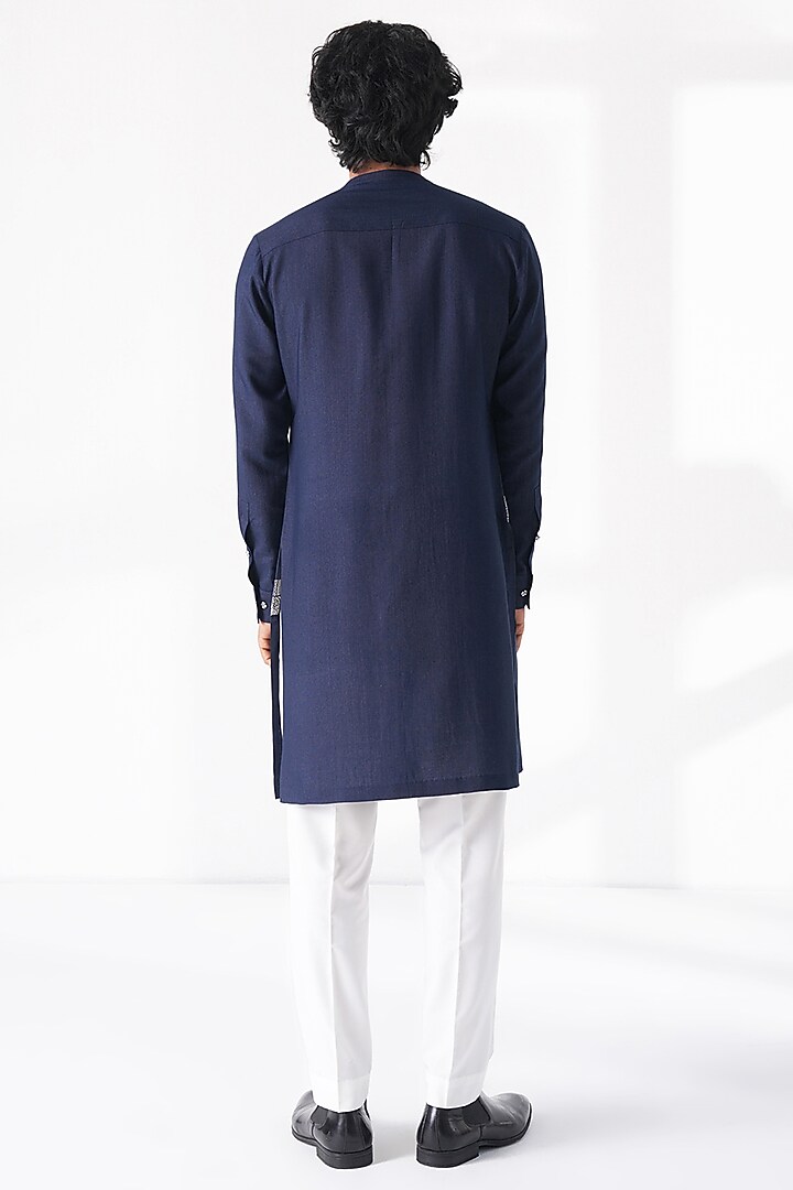 Navy Blue Motif Thread Embroidered Cotton Silk Kurta Set by Dhruv Vaish at Pernia's Pop Up Shop