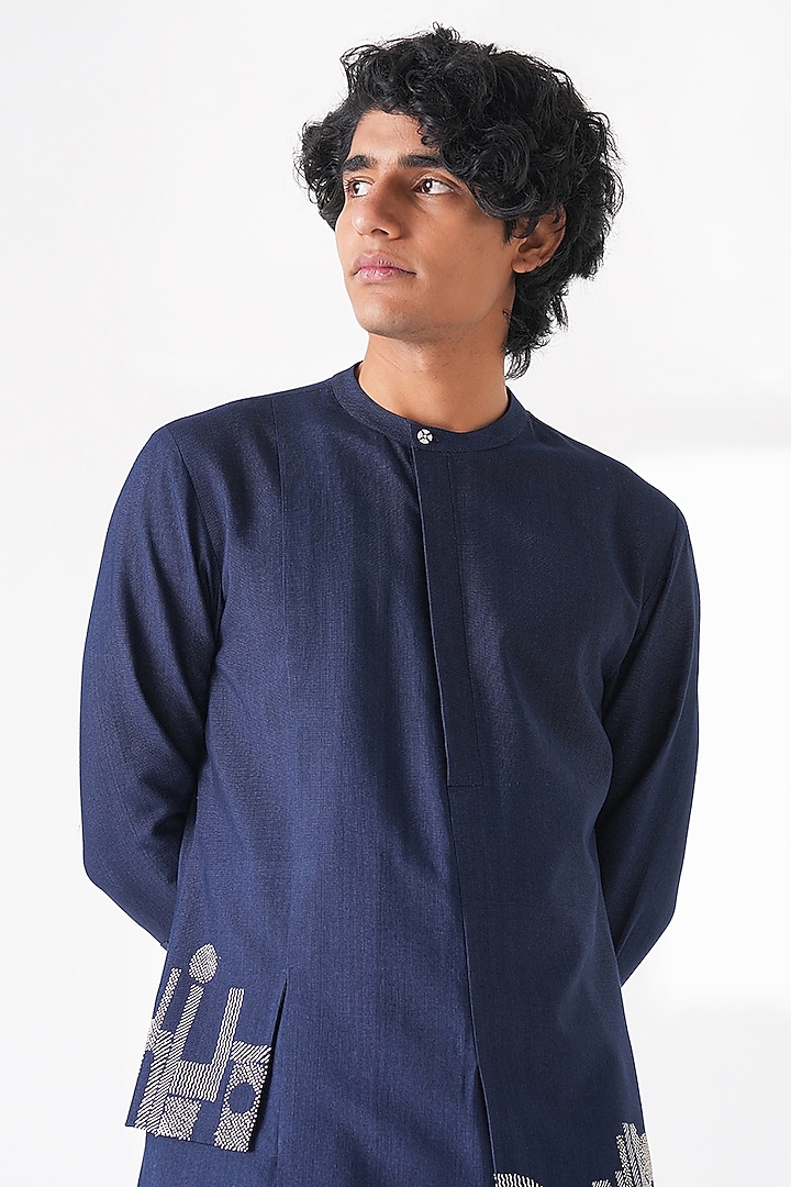 Navy Blue Motif Thread Embroidered Cotton Silk Kurta Set by Dhruv Vaish at Pernia's Pop Up Shop