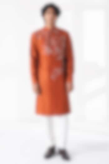 Burnt Orange Cotton Silk Chanderi Thread Embroidered Kurta Set by Dhruv Vaish at Pernia's Pop Up Shop