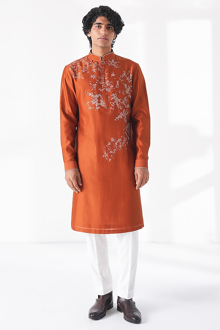 Burnt Orange Cotton Silk Chanderi Thread Embroidered Kurta Set by Dhruv Vaish at Pernia's Pop Up Shop