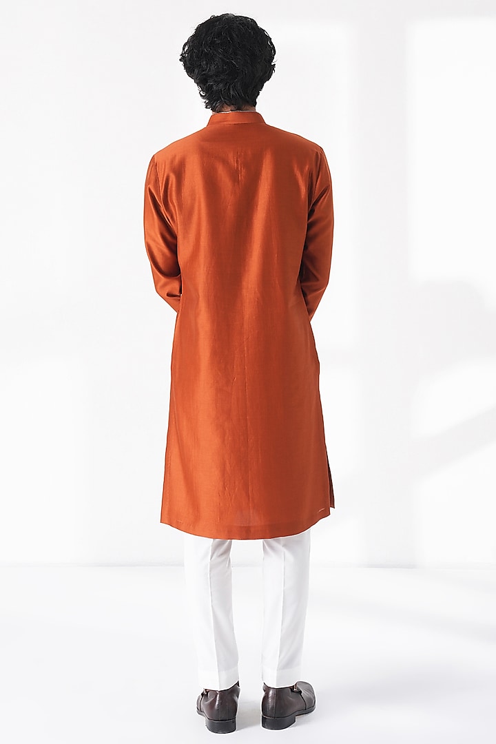 Burnt Orange Cotton Silk Chanderi Thread Embroidered Kurta Set by Dhruv Vaish at Pernia's Pop Up Shop