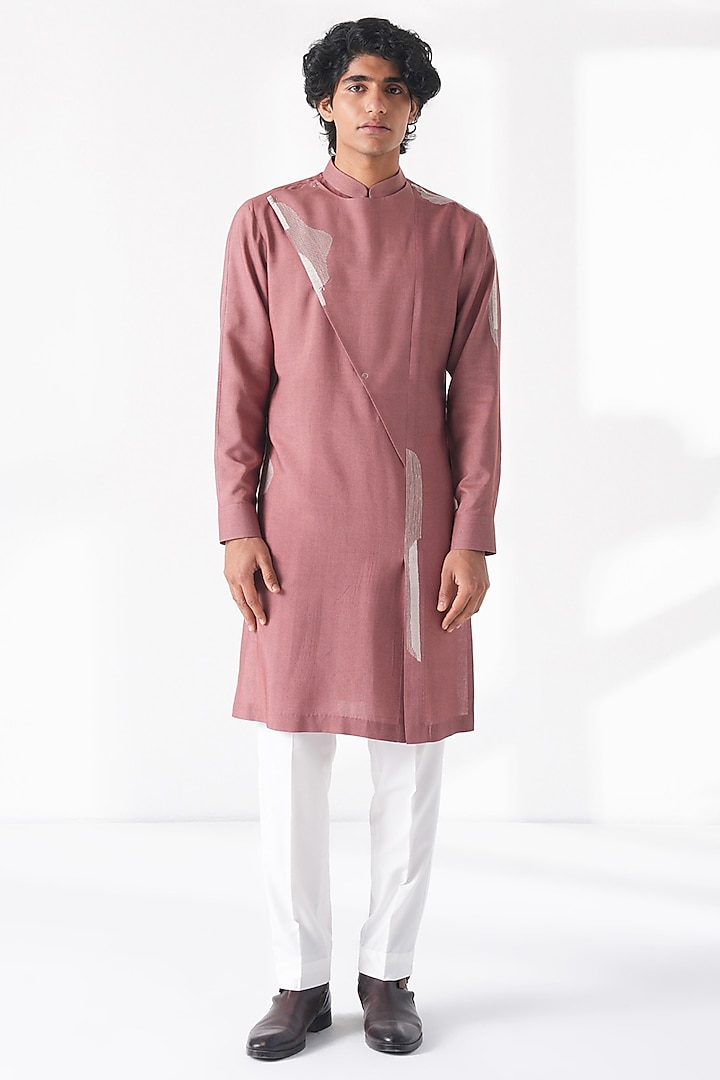 Dusty Rose Cotton Silk Embroidered Kurta Set by Dhruv Vaish at Pernia's Pop Up Shop