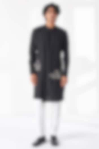 Black Motif Thread Embroidered Cotton Silk Embroidered Kurta Set by Dhruv Vaish at Pernia's Pop Up Shop