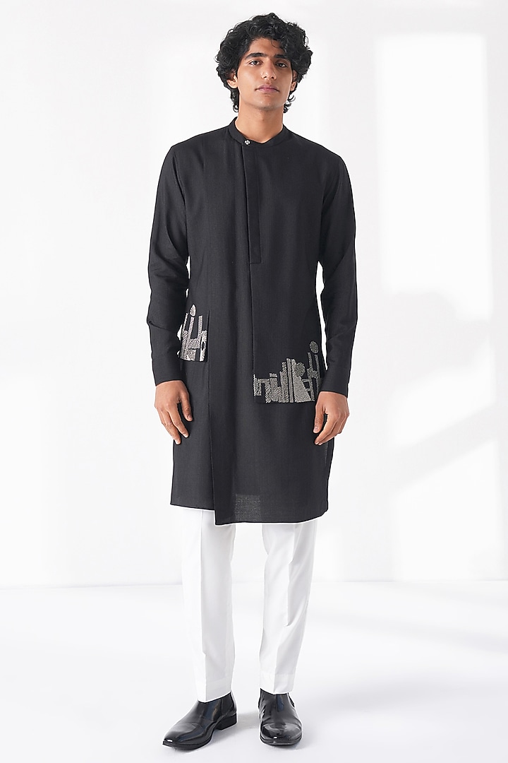 Black Motif Thread Embroidered Cotton Silk Embroidered Kurta Set by Dhruv Vaish at Pernia's Pop Up Shop