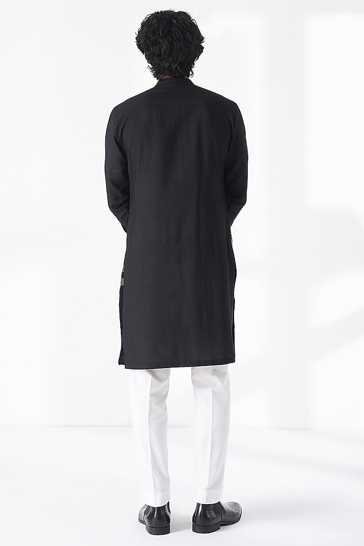 Black Motif Thread Embroidered Cotton Silk Embroidered Kurta Set by Dhruv Vaish at Pernia's Pop Up Shop