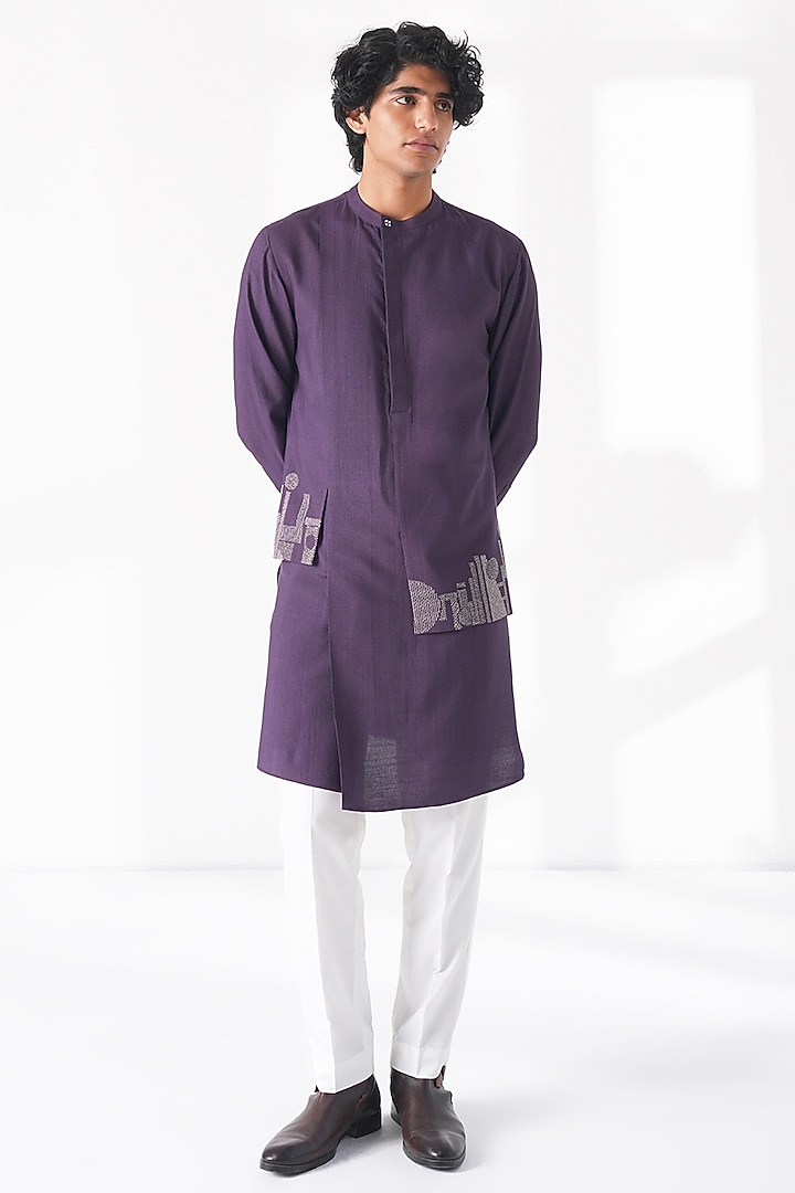 Midnight Purple Thread Embroidered Cotton Silk Kurta Set by Dhruv Vaish at Pernia's Pop Up Shop