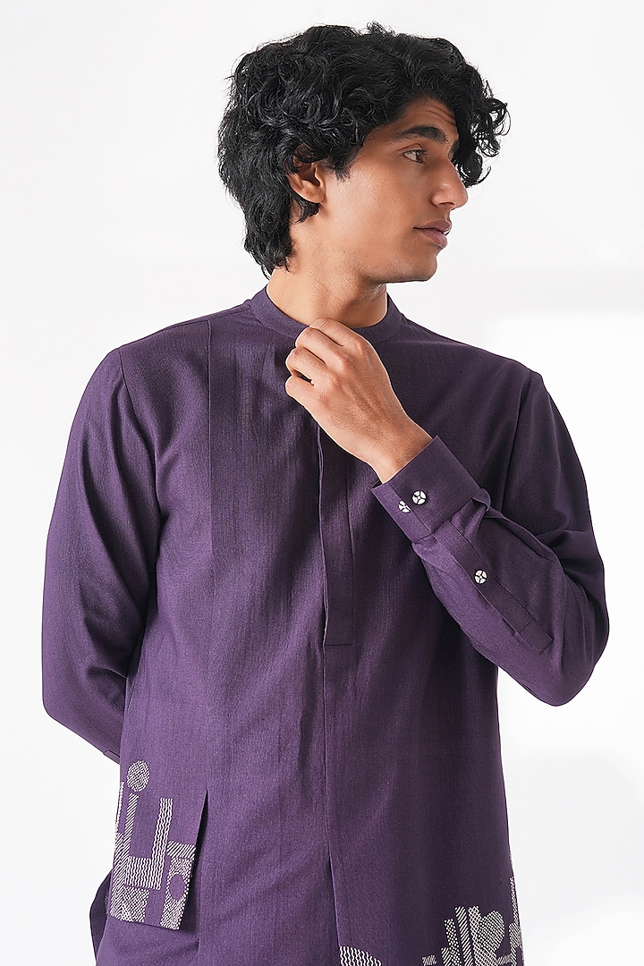 Midnight Purple Thread Embroidered Cotton Silk Kurta Set by Dhruv Vaish at Pernia's Pop Up Shop