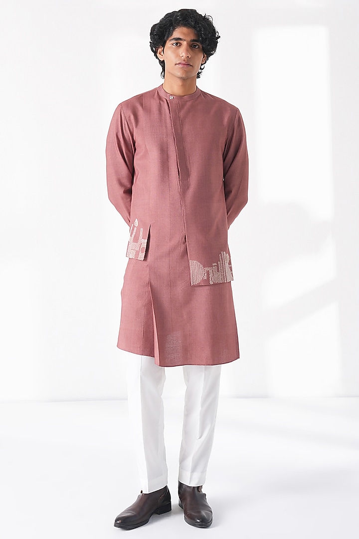 Dusty Rose Thread Embroidered Cotton Silk Kurta Set by Dhruv Vaish at Pernia's Pop Up Shop