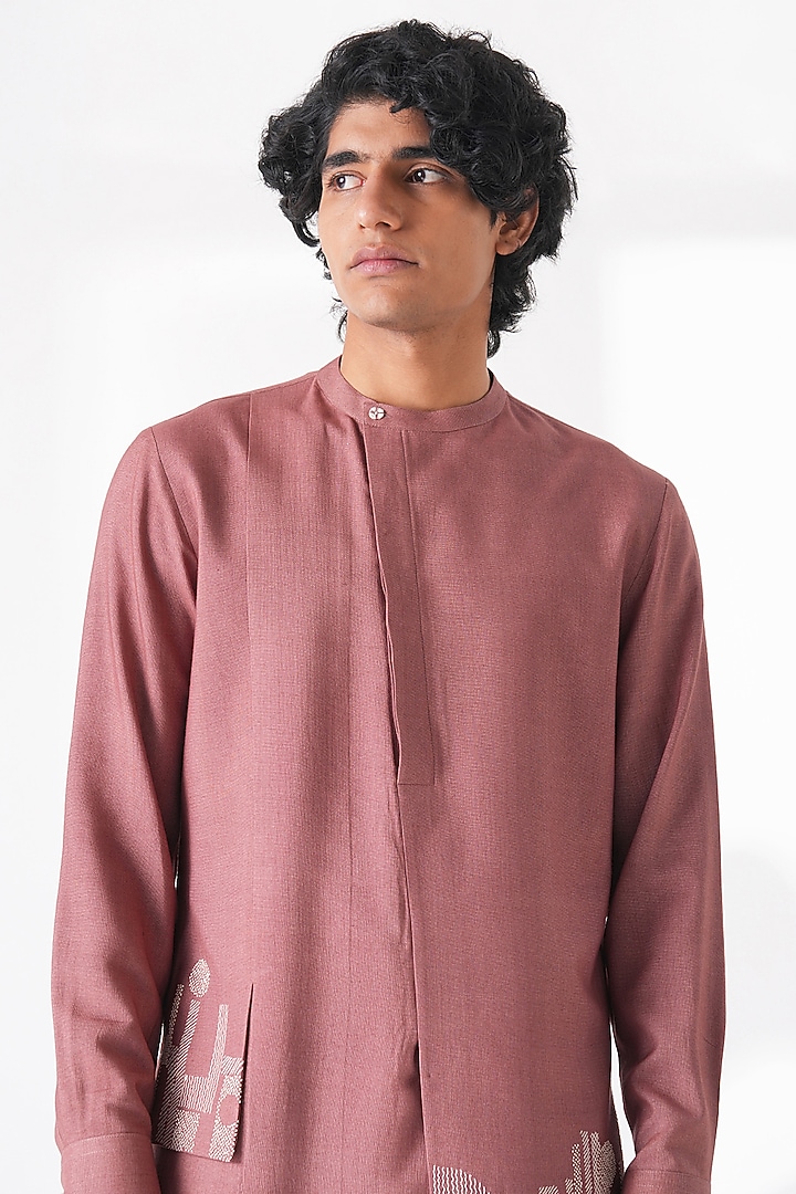 Dusty Rose Thread Embroidered Cotton Silk Kurta Set by Dhruv Vaish at Pernia's Pop Up Shop
