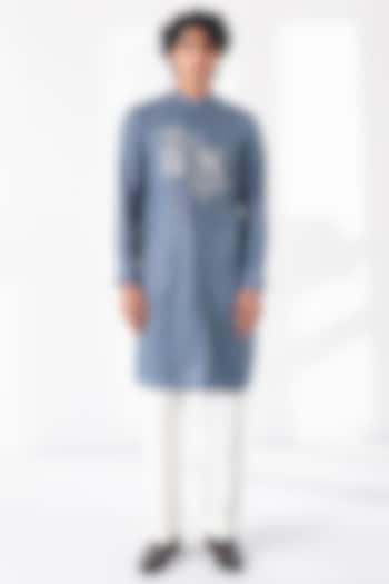 Storm Blue Matka Silk Thread Embroidered Kurta Set by Dhruv Vaish at Pernia's Pop Up Shop