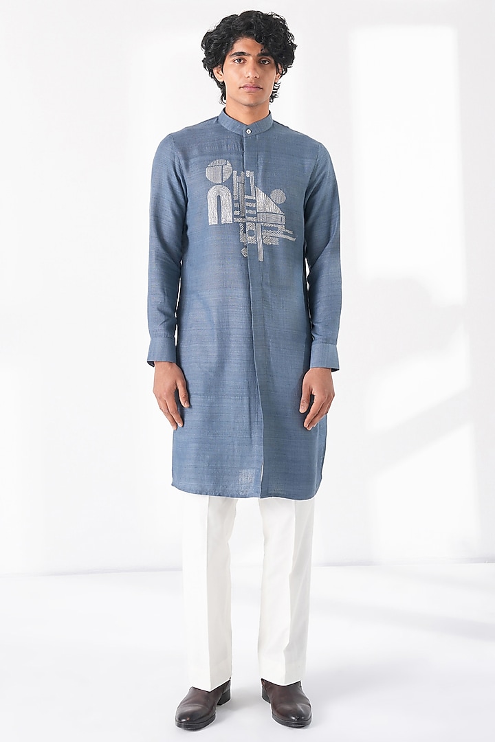 Storm Blue Matka Silk Thread Embroidered Kurta Set by Dhruv Vaish at Pernia's Pop Up Shop
