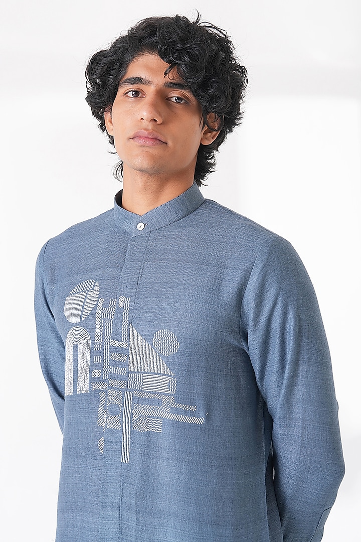 Storm Blue Matka Silk Thread Embroidered Kurta Set by Dhruv Vaish at Pernia's Pop Up Shop