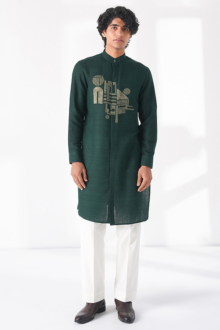 Bottle Green Matka Silk Embroidered Kurta Set by Dhruv Vaish at Pernia's Pop Up Shop