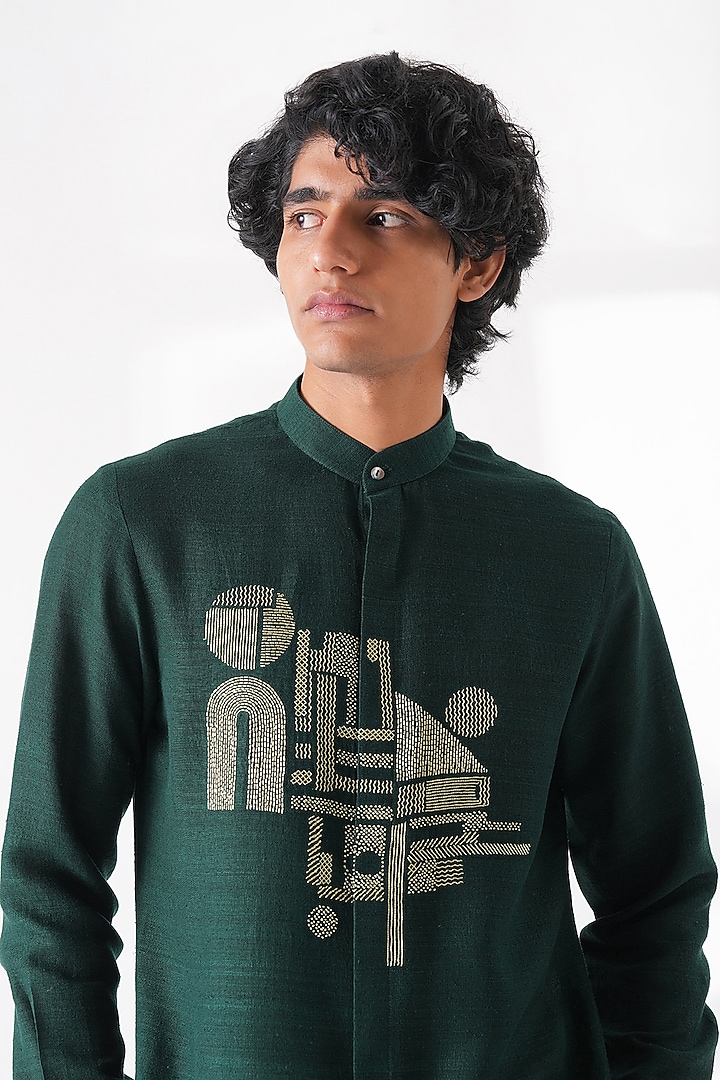 Bottle Green Matka Silk Embroidered Kurta Set by Dhruv Vaish at Pernia's Pop Up Shop