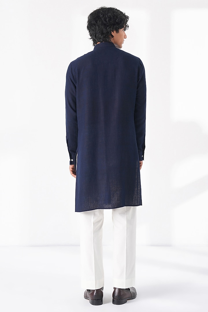 Navy Blue Matka Silk Embroidered Kurta Set by Dhruv Vaish at Pernia's Pop Up Shop