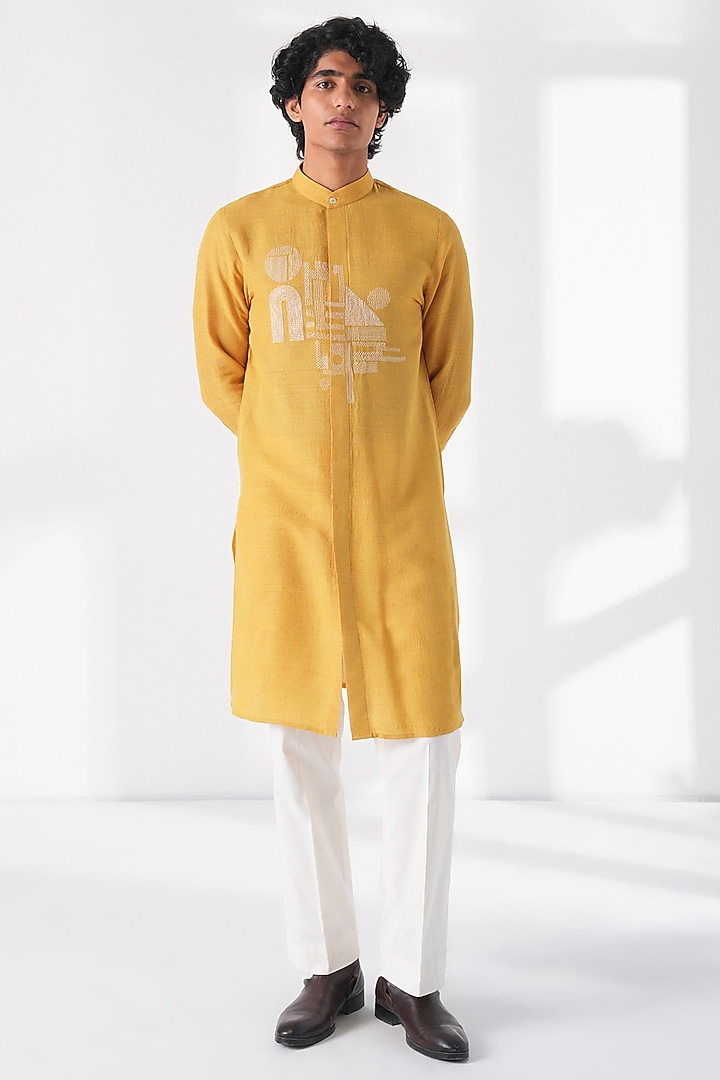Marigold-Colored Matka Silk Embroidered Kurta Set by Dhruv Vaish at Pernia's Pop Up Shop