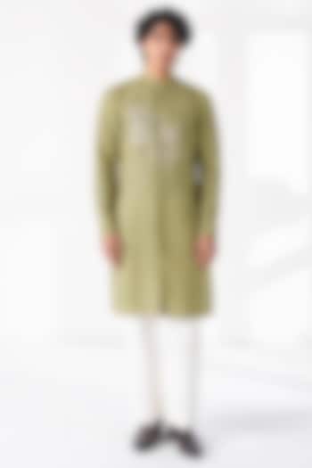 Fern Green Matka Silk Embroidered Kurta Set by Dhruv Vaish at Pernia's Pop Up Shop