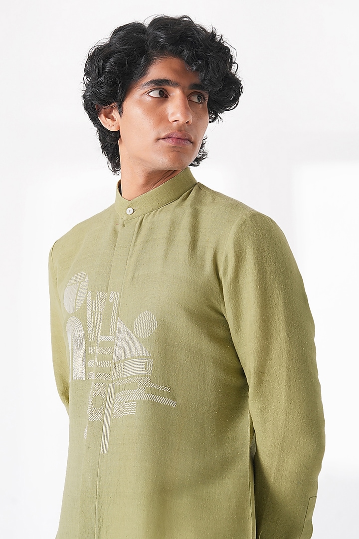 Fern Green Matka Silk Embroidered Kurta Set by Dhruv Vaish at Pernia's Pop Up Shop