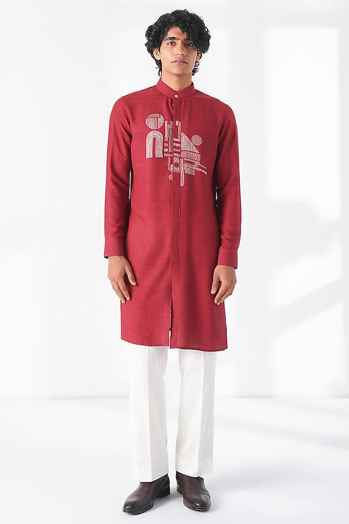 Earthy Red Matka Silk Embroidered Kurta Set by Dhruv Vaish at Pernia's Pop Up Shop