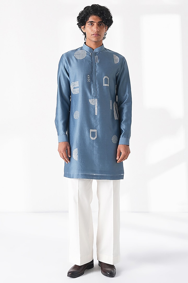 Storm Blue Cotton Silk Chanderi Embroidered Short Kurta Set by Dhruv Vaish at Pernia's Pop Up Shop