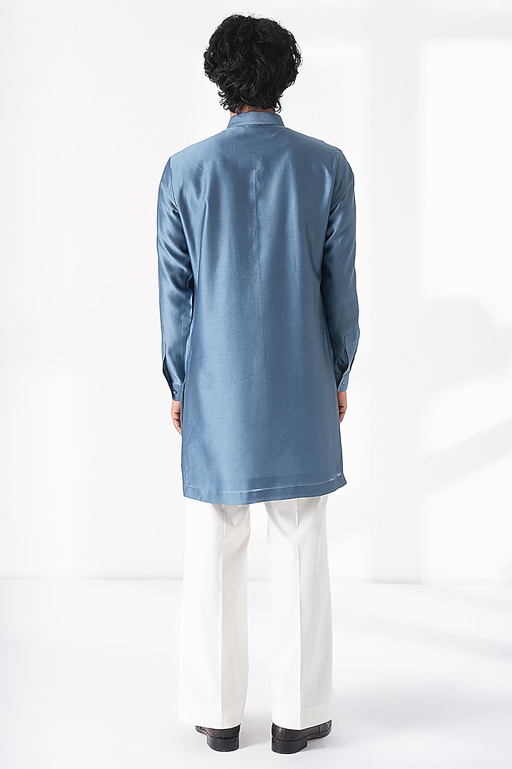Storm Blue Cotton Silk Chanderi Embroidered Short Kurta by Dhruv Vaish at Pernia's Pop Up Shop