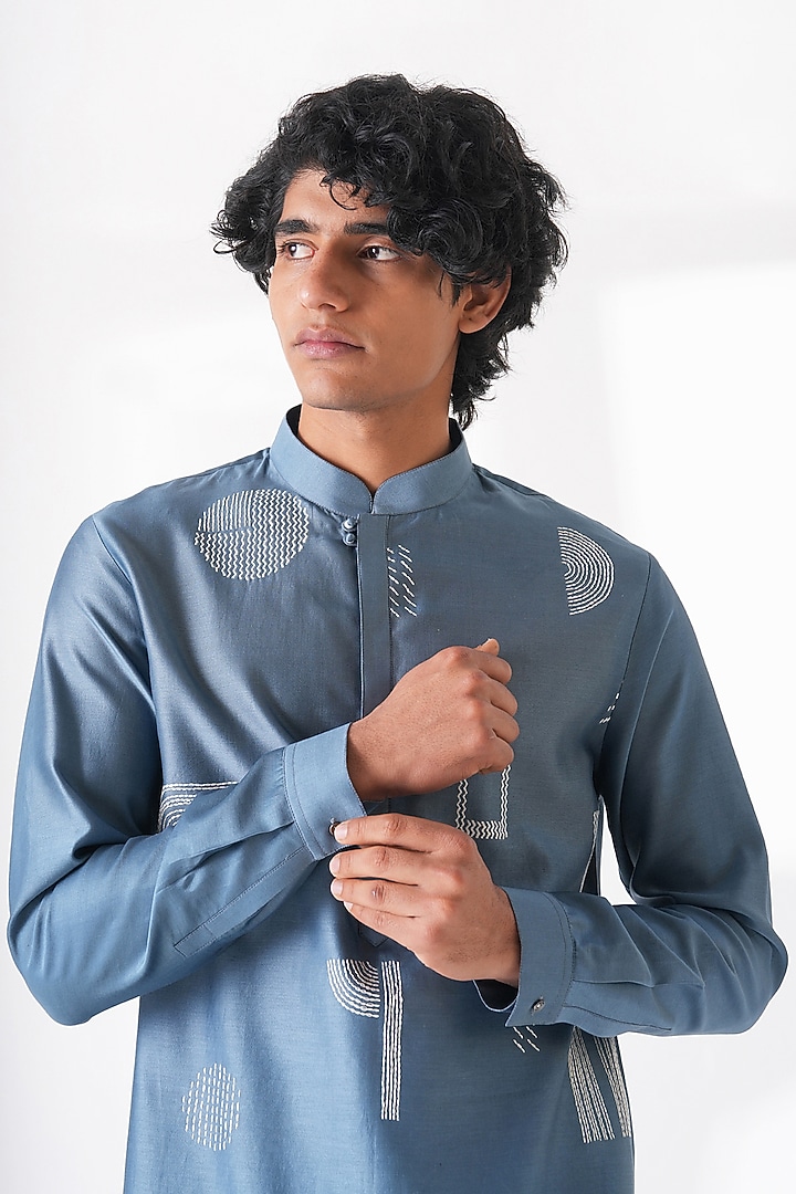 Storm Blue Cotton Silk Chanderi Embroidered Short Kurta by Dhruv Vaish at Pernia's Pop Up Shop