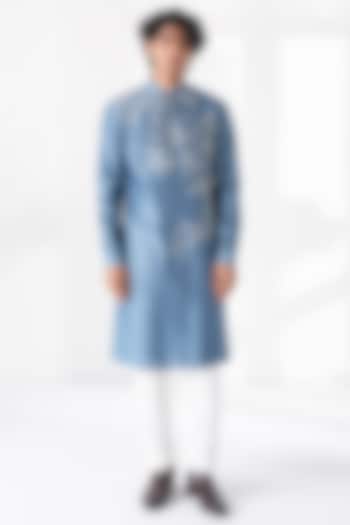 Storm Blue Cotton Silk Chanderi Thread Embroidered Kurta Set by Dhruv Vaish at Pernia's Pop Up Shop