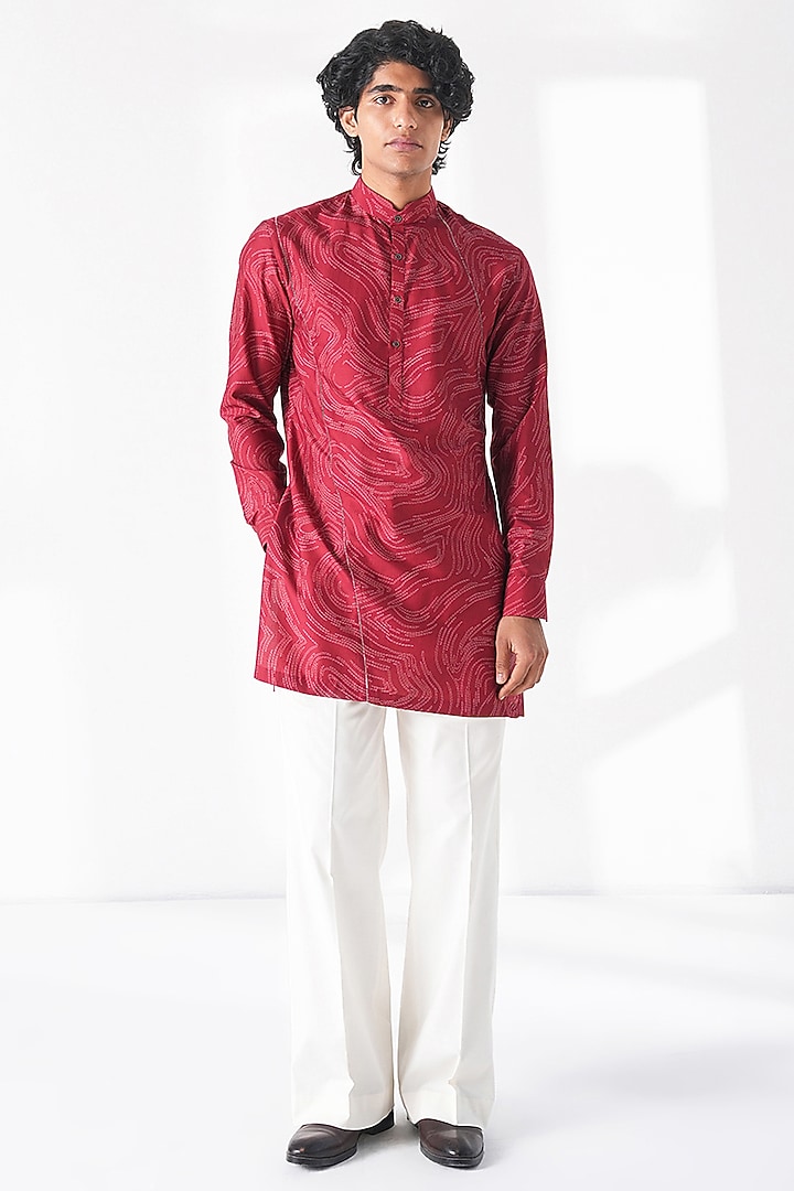 Earthy Red Spun Silk Graphic Printed Short Kurta by Dhruv Vaish at Pernia's Pop Up Shop