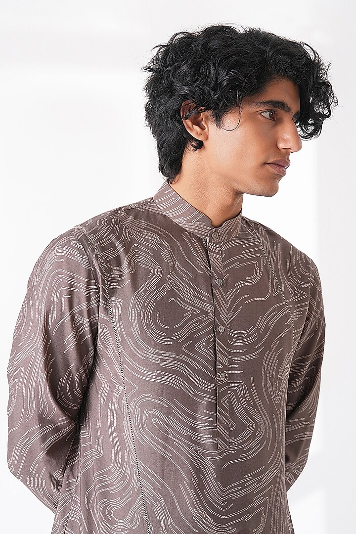Bean Brown Spun Silk Graphic Printed Short Kurta by Dhruv Vaish at Pernia's Pop Up Shop