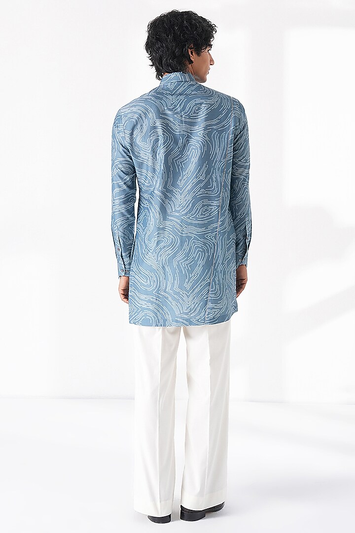 Storm Blue Spun Silk Graphic Printed Short Kurta by Dhruv Vaish at Pernia's Pop Up Shop