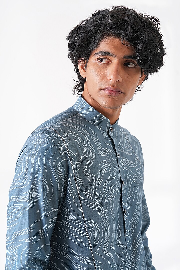 Storm Blue Spun Silk Graphic Printed Short Kurta by Dhruv Vaish at Pernia's Pop Up Shop