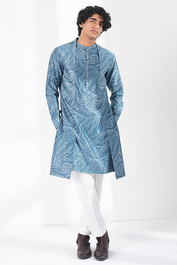 Storm Blue Cotton Silk Chanderi Printed Kurta Set by Dhruv Vaish at Pernia's Pop Up Shop