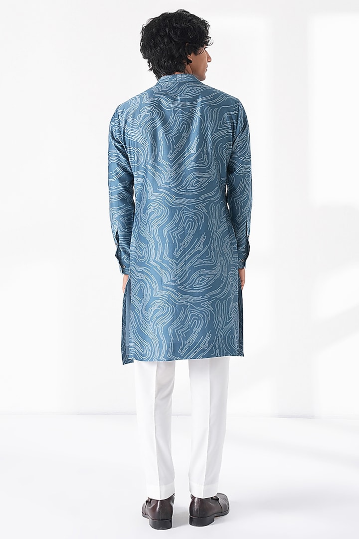 Storm Blue Cotton Silk Chanderi Printed Kurta Set by Dhruv Vaish at Pernia's Pop Up Shop