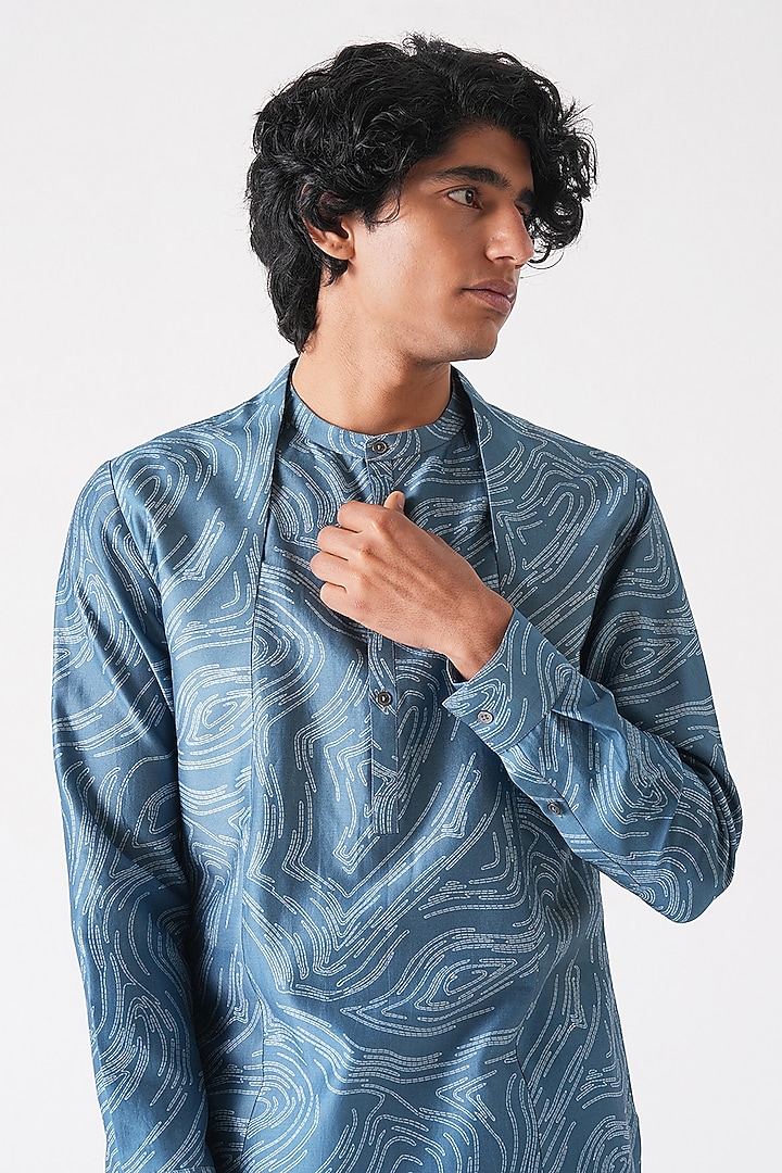 Storm Blue Cotton Silk Chanderi Printed Kurta Set by Dhruv Vaish at Pernia's Pop Up Shop