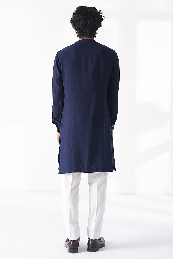 Navy Blue Cotton Silk Embroidered Kurta Set by Dhruv Vaish at Pernia's Pop Up Shop