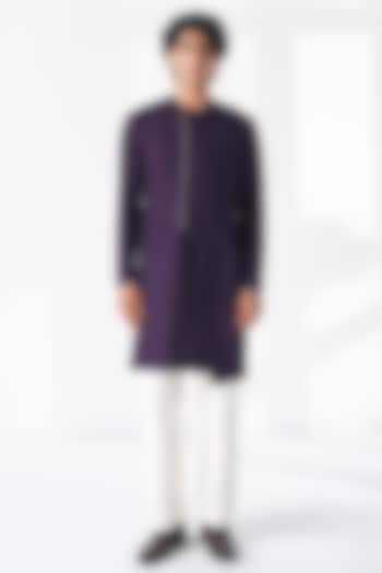 Midnight Purple Matka Silk Thread Embroidered Kurta by Dhruv Vaish at Pernia's Pop Up Shop