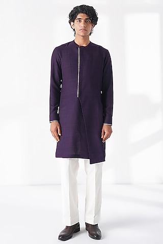 Midnight Purple Matka Silk Thread Embroidered Kurta by Dhruv Vaish