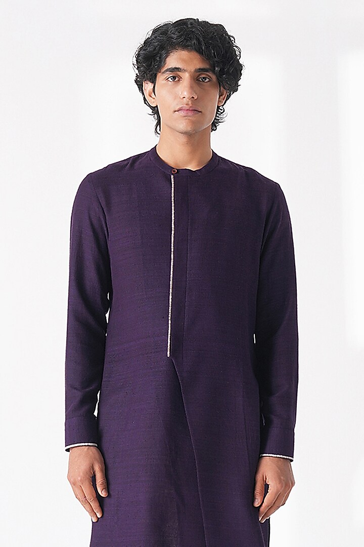Midnight Purple Matka Silk Thread Embroidered Kurta by Dhruv Vaish at Pernia's Pop Up Shop