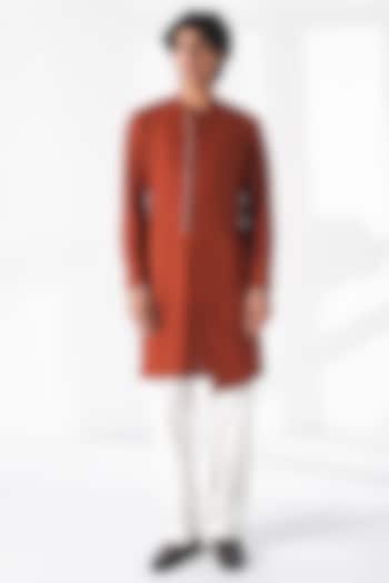Burnt Orange Matka Silk Thread Embroidered Kurta by Dhruv Vaish at Pernia's Pop Up Shop