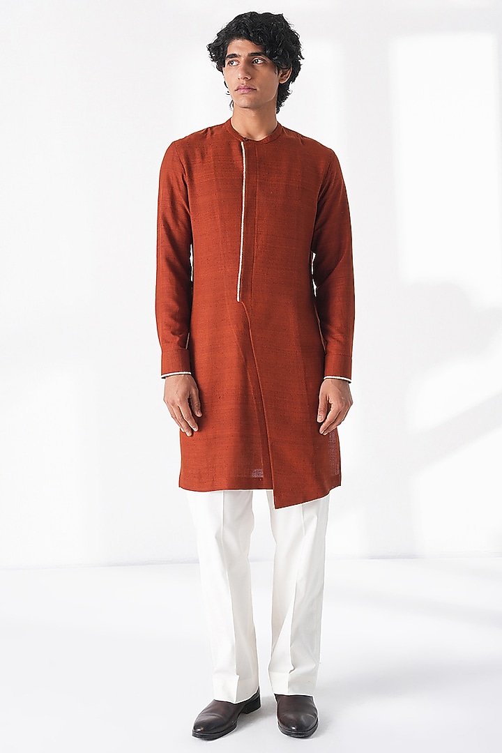 Burnt Orange Matka Silk Thread Embroidered Kurta by Dhruv Vaish at Pernia's Pop Up Shop