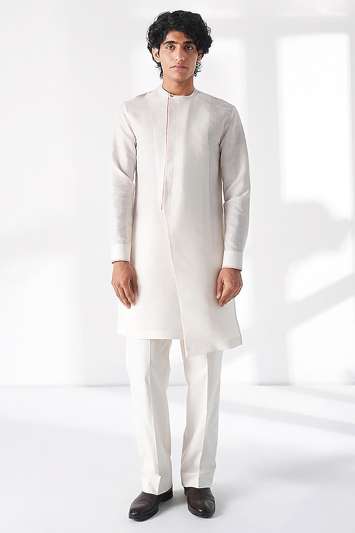 Ivory Matka Silk Thread Embroidered Kurta by Dhruv Vaish at Pernia's Pop Up Shop