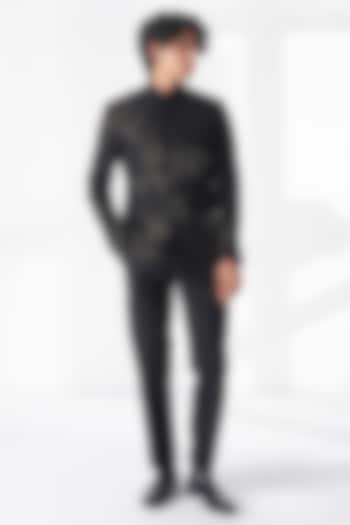 Black Silk Hand Embroidered Groom Bandhgala by Dhruv Vaish at Pernia's Pop Up Shop