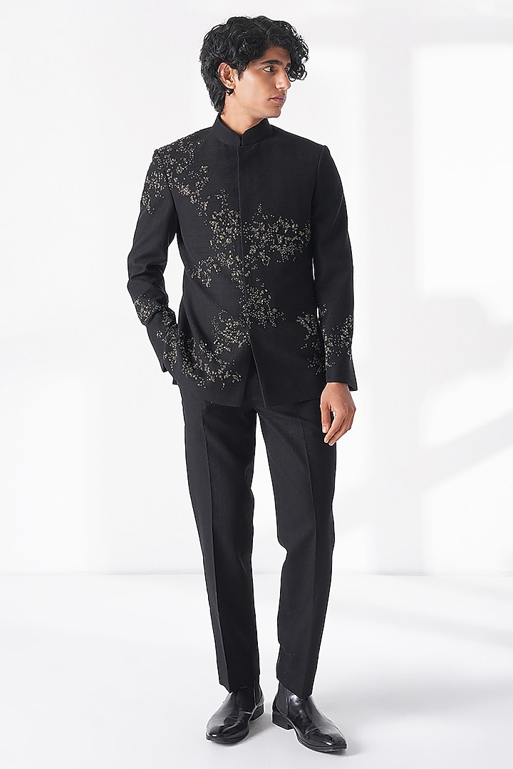 Black Silk Hand Embroidered Groom Bandhgala by Dhruv Vaish at Pernia's Pop Up Shop