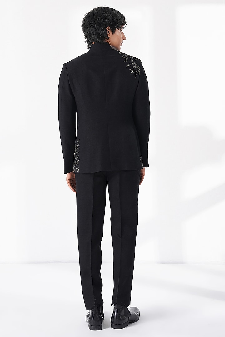 Black Silk Hand Embroidered Groom Bandhgala by Dhruv Vaish at Pernia's Pop Up Shop