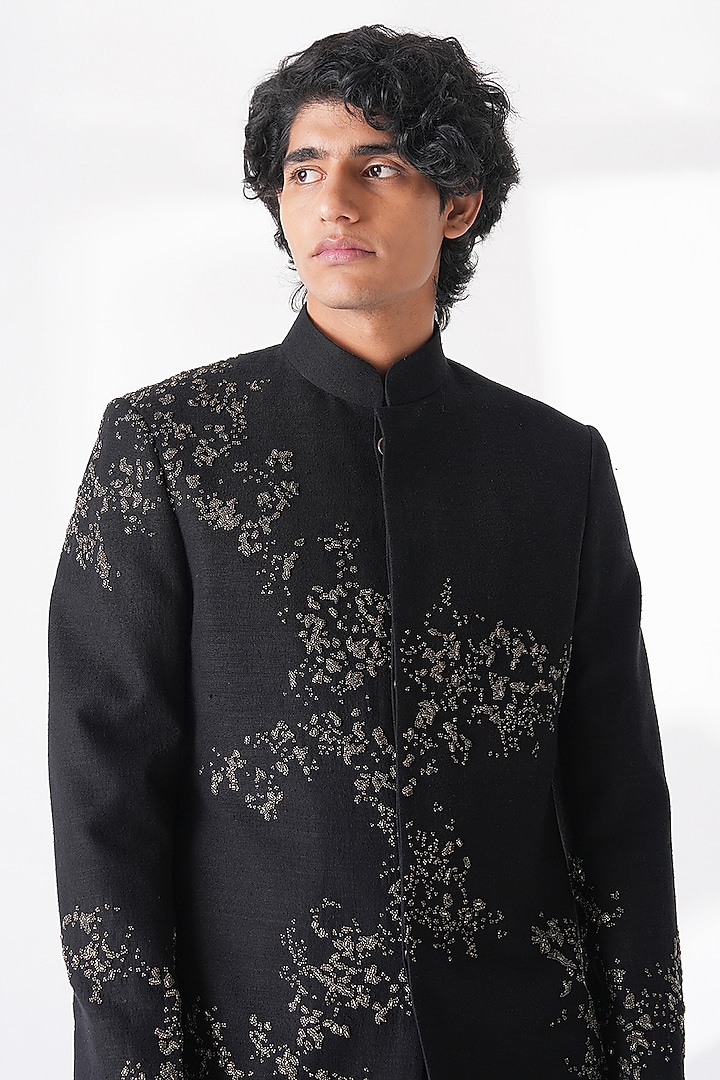 Black Silk Hand Embroidered Groom Bandhgala by Dhruv Vaish at Pernia's Pop Up Shop