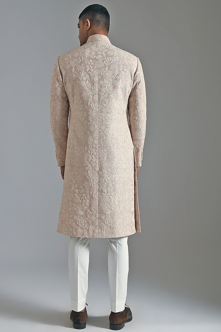 Canyon Peach Silk Embroidered Groom Sherwani Set by Dhruv Vaish at Pernia's Pop Up Shop